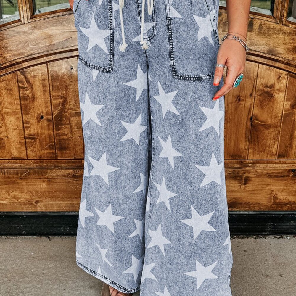 B274 Light Blue Star Print Light Wash Drawstring High Waist Wide Leg Jeans - Picture 5 of 12